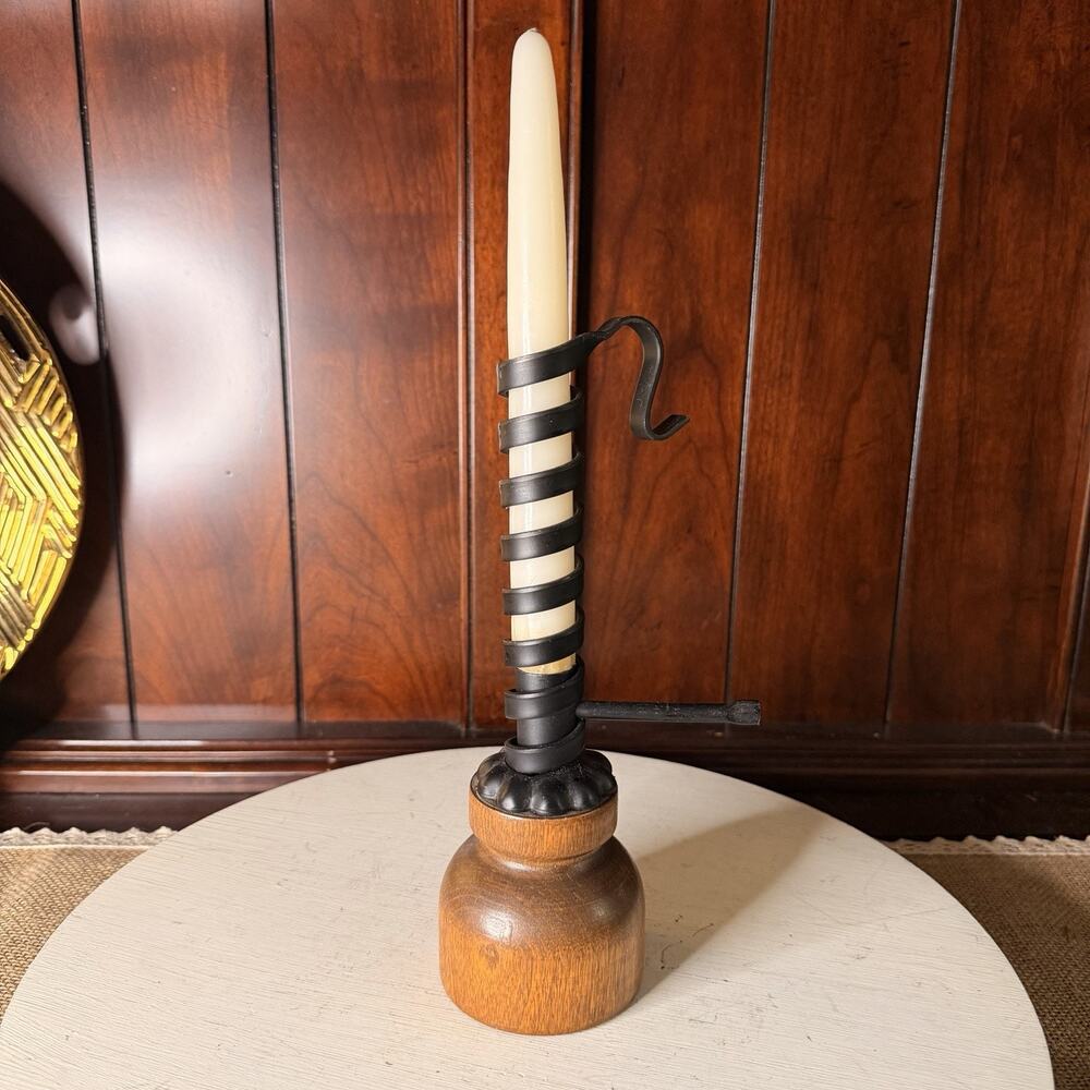 Vintage Courting Candle Holder Adjustable Spiral Wood Base Black Metal Rustic 9”